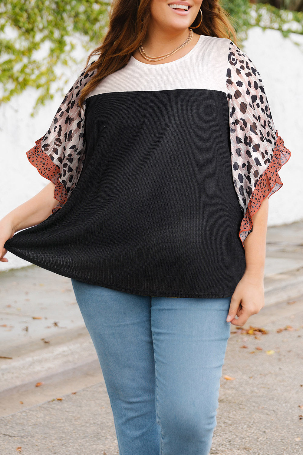 Black Rib Knit Animal Print Ruffle Sleeve Top