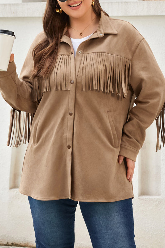 Khaki Fringe Trim Suede Jacket