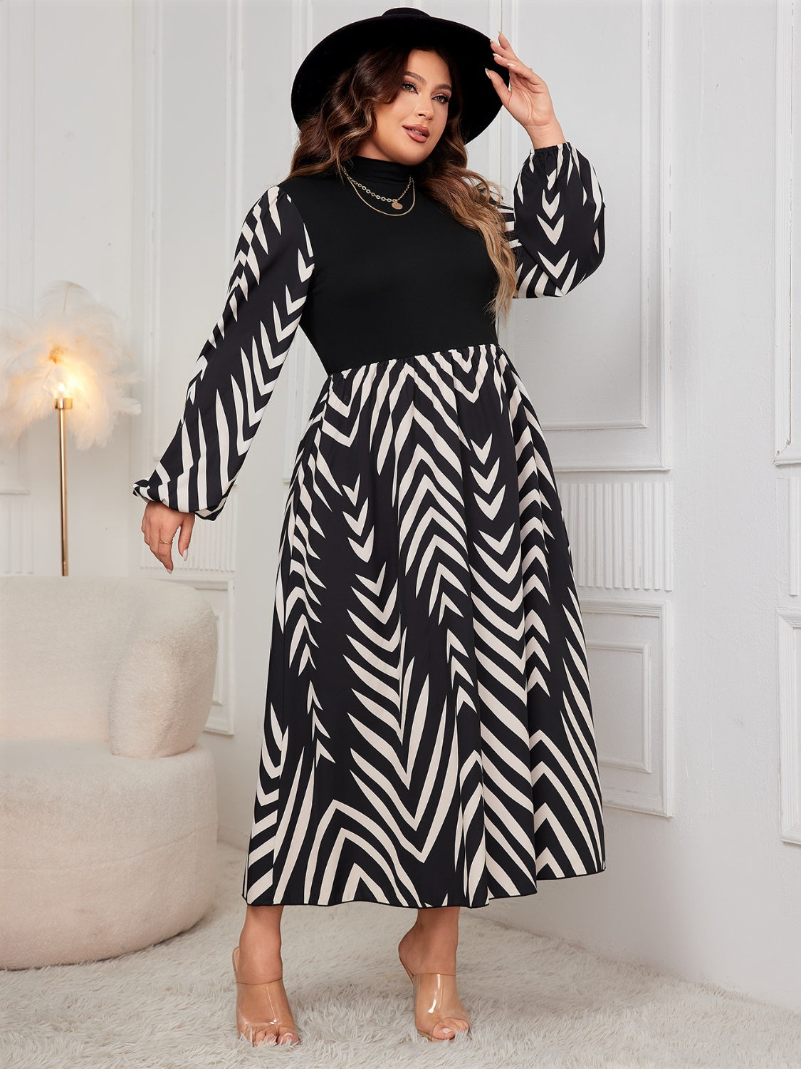 Honey Printed Mock Neck Long Sleeve Midi Dress