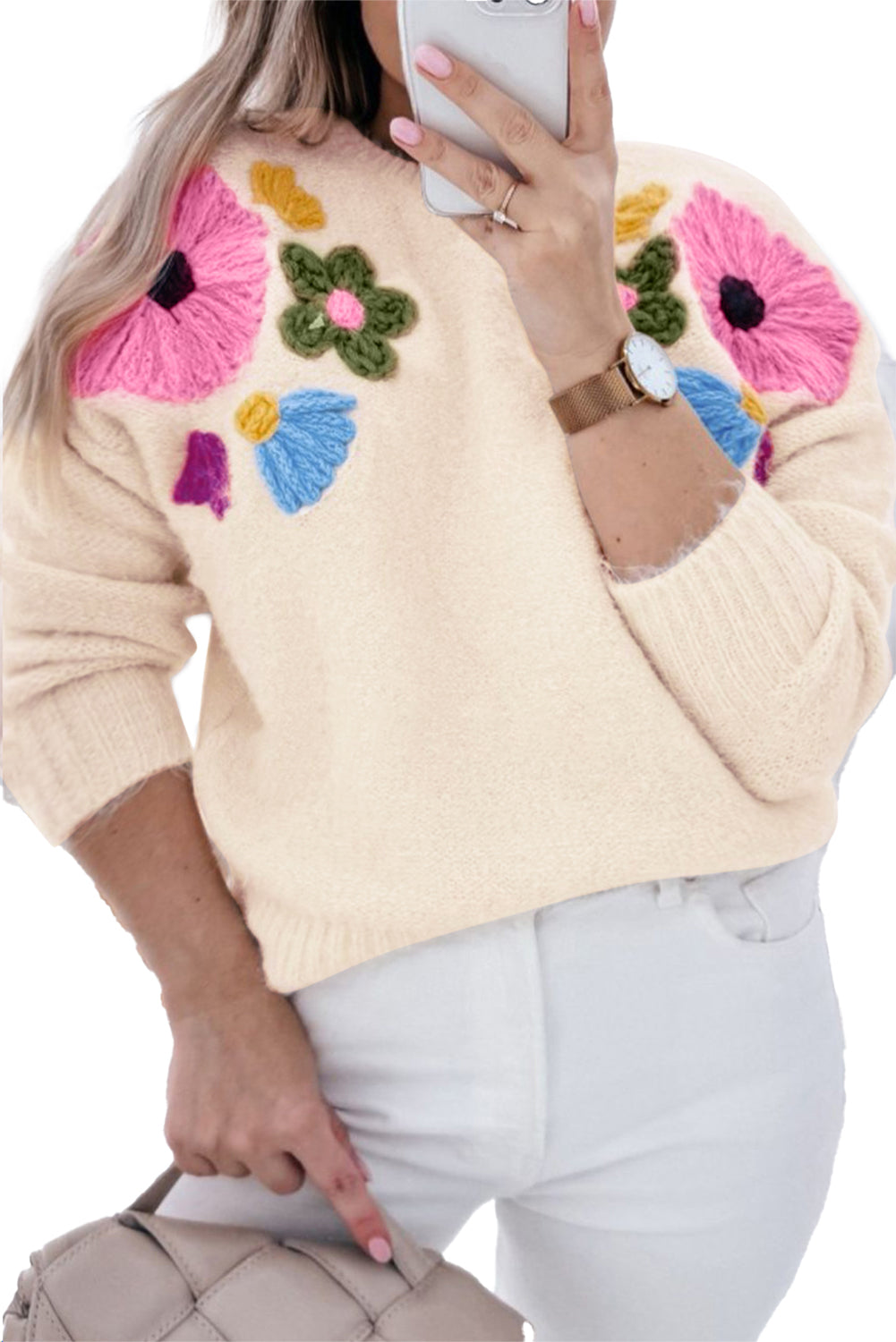 Beige Flower Pattern Ribbed Edge Sweater