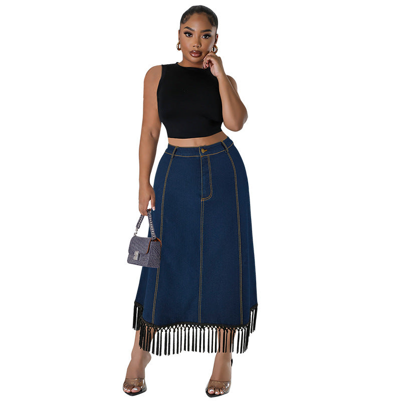 Denim Tassel Button Long Skirt