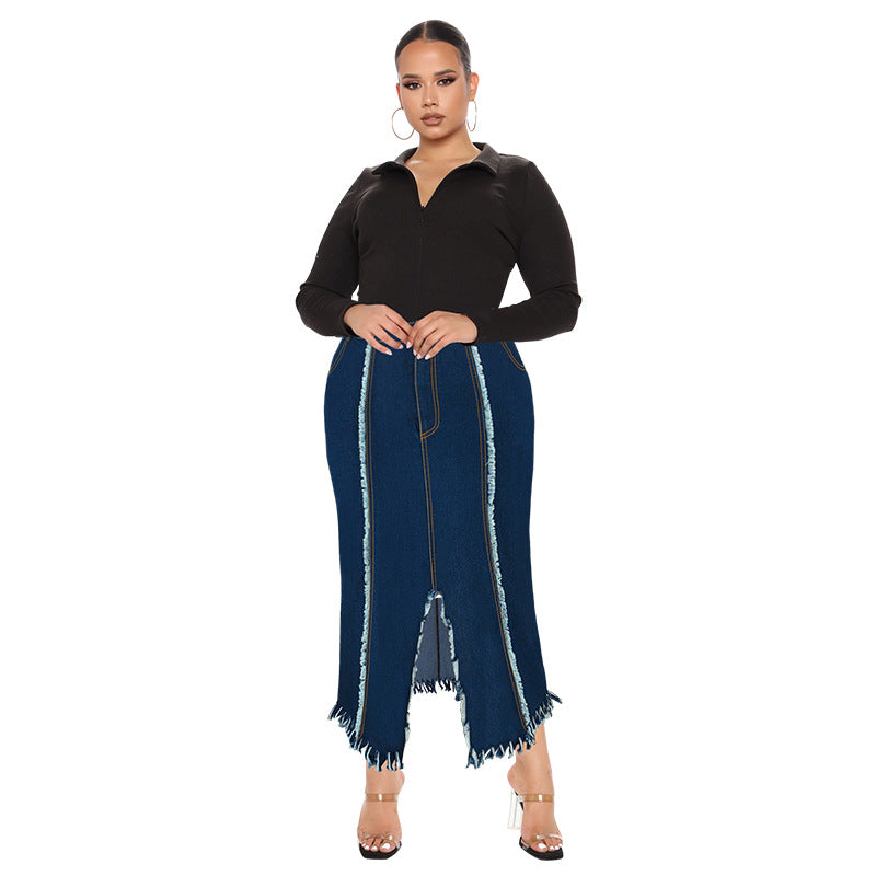 Denim Tassel Split Long Skirt