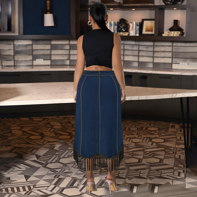 Denim Tassel Button Long Skirt