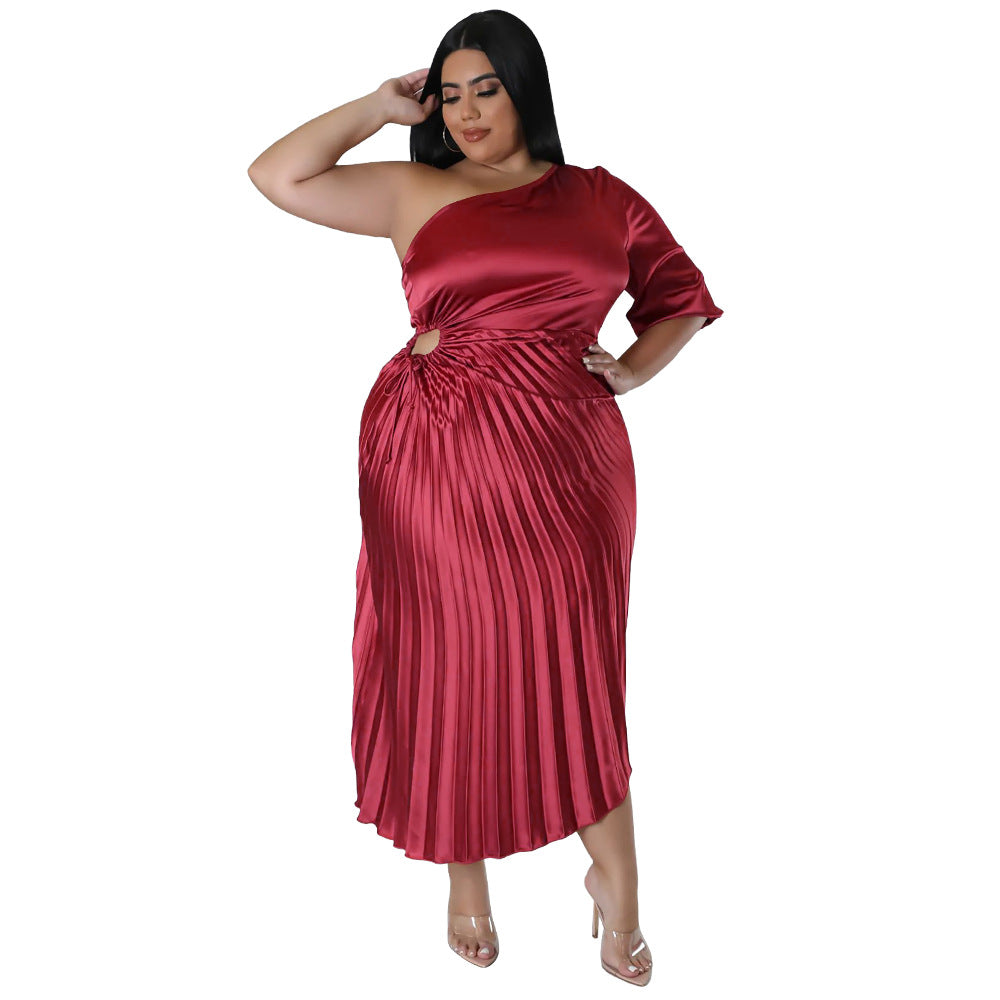 Sexy Oblique Shoulder Drawstring Pleated Dress