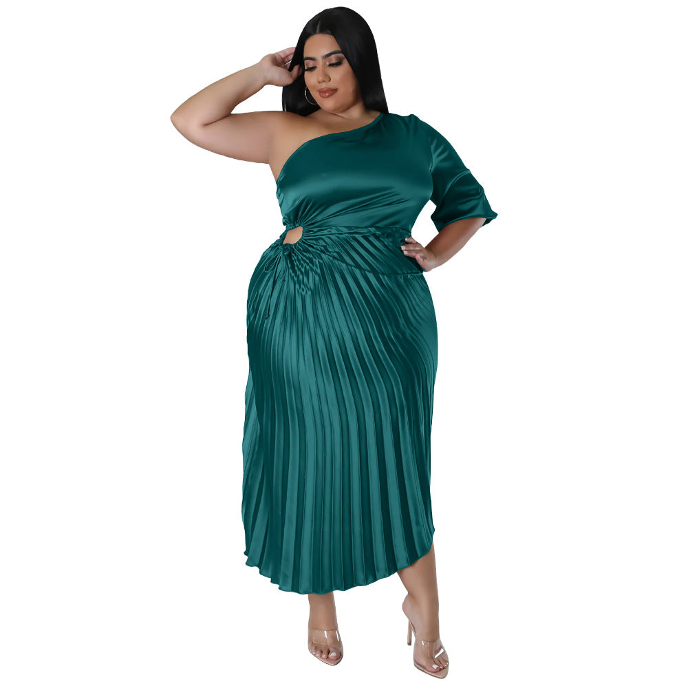 Sexy Oblique Shoulder Drawstring Pleated Dress