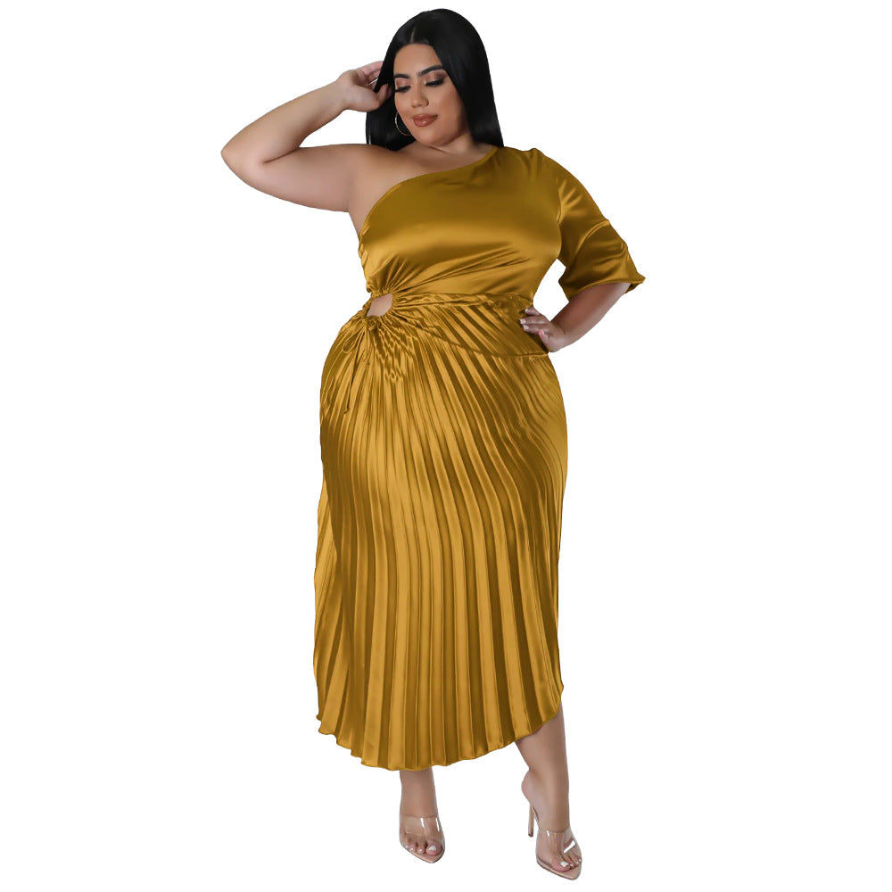 Sexy Oblique Shoulder Drawstring Pleated Dress