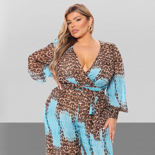 V-Neck Chiffon Jumpsuit Leopard Print with Belt