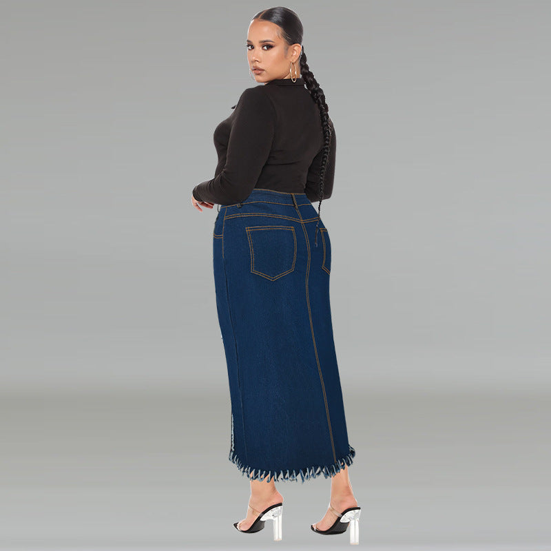 Denim Tassel Split Long Skirt