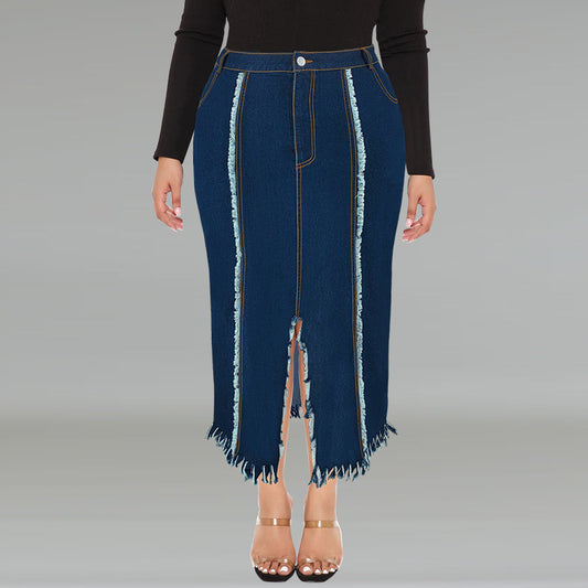 Denim Tassel Split Long Skirt