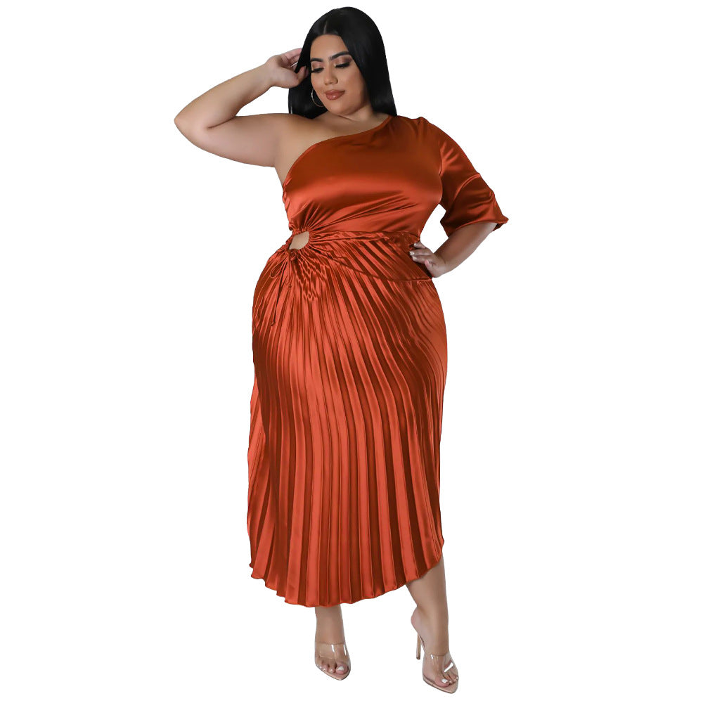 Sexy Oblique Shoulder Drawstring Pleated Dress