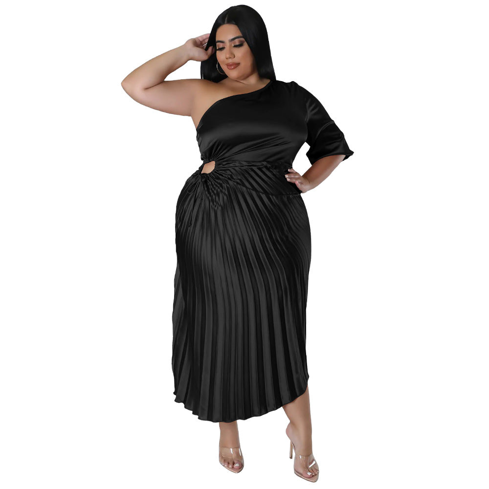 Sexy Oblique Shoulder Drawstring Pleated Dress