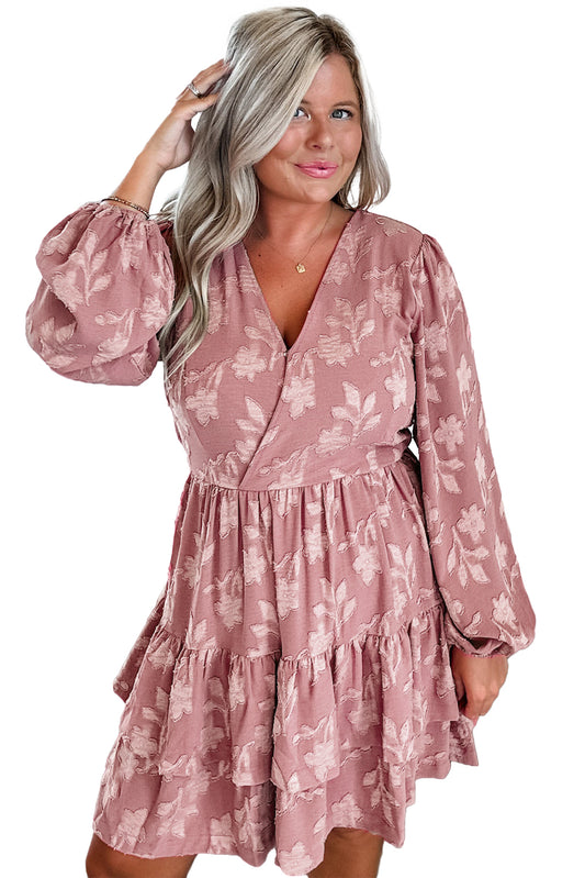 Peach Blossom Floral Surplice V Neck Tiered Ruffle Dress