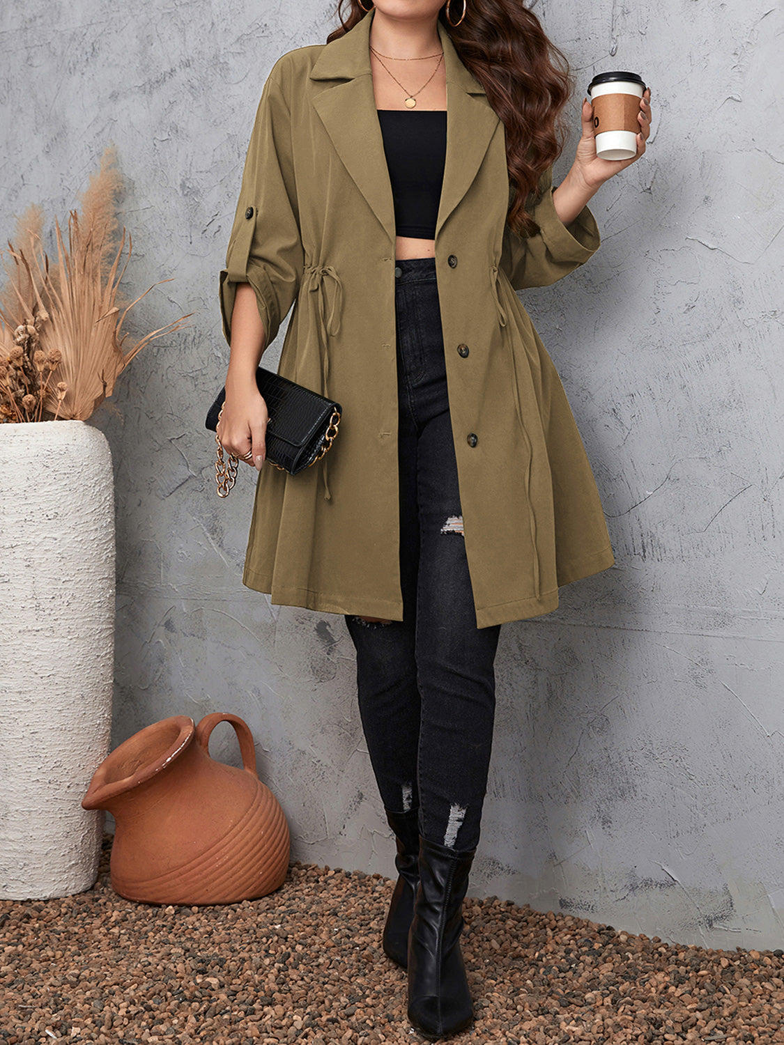 Honey Lapel Collar Drawstring Roll-Tab Sleeve Trench Coat