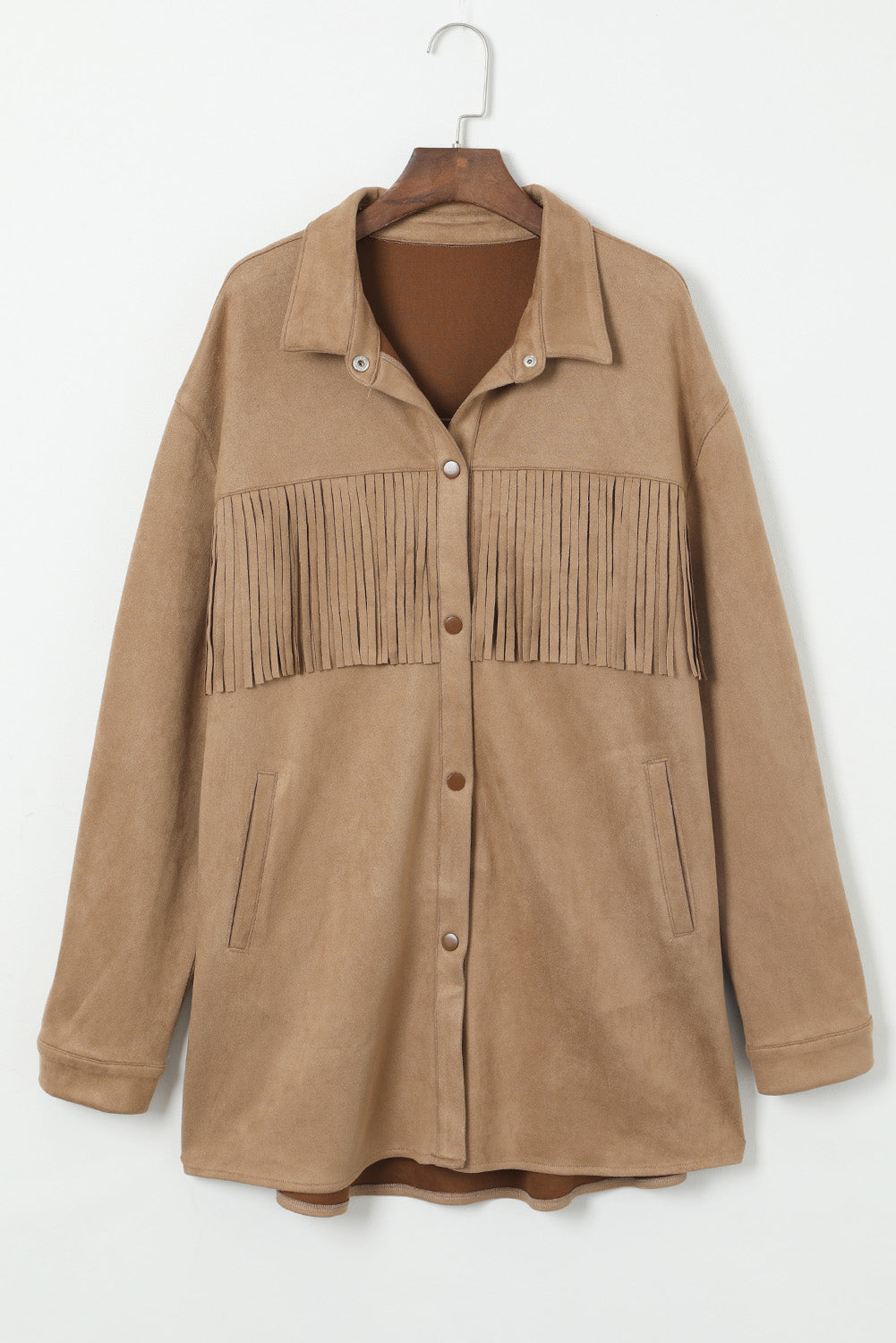 Khaki Fringe Trim Suede Jacket