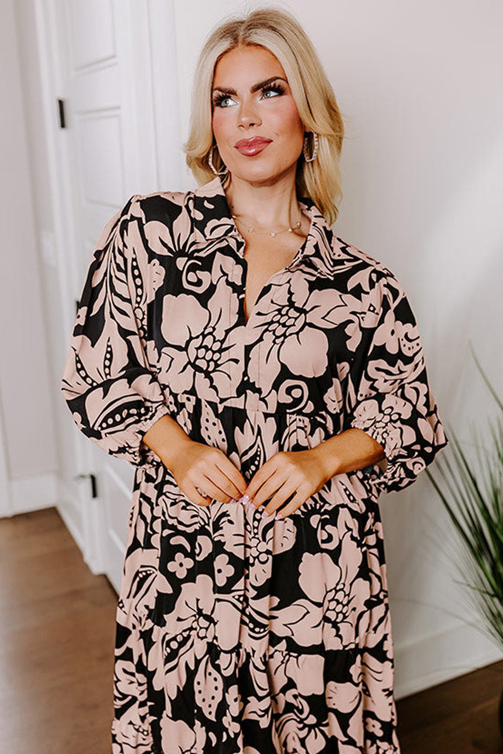 Black Floral Printed Puff Sleeve Collared Maxi Dress