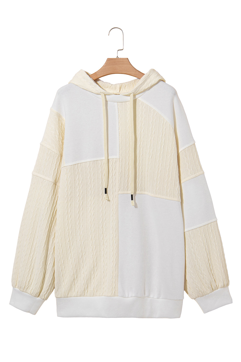 Beige Waffle Textured Patchwork Exposed Seam Hoodie