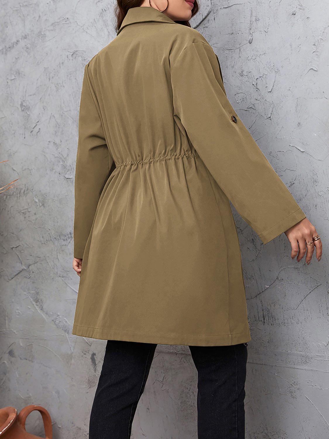 Honey Lapel Collar Drawstring Roll-Tab Sleeve Trench Coat