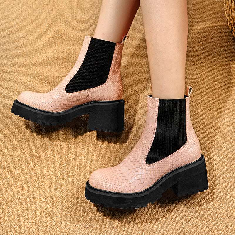 Plus Size Women Snake Print Round Toe Boots