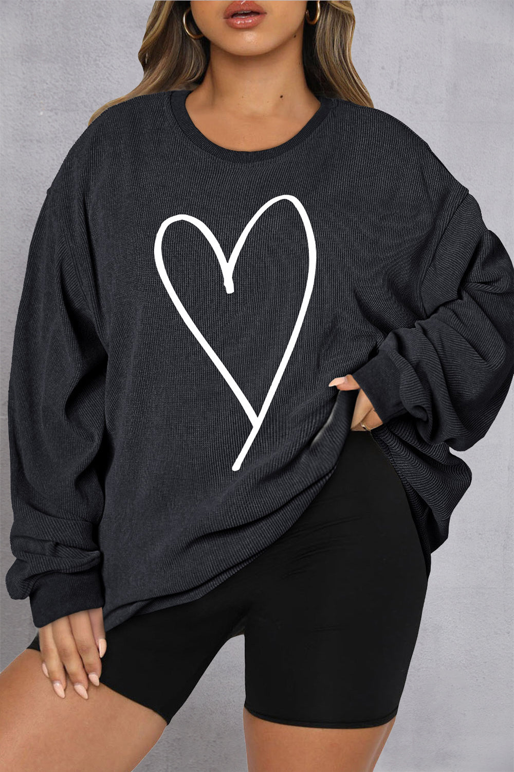 Heart Ribbed Round Neck Sweatshirt