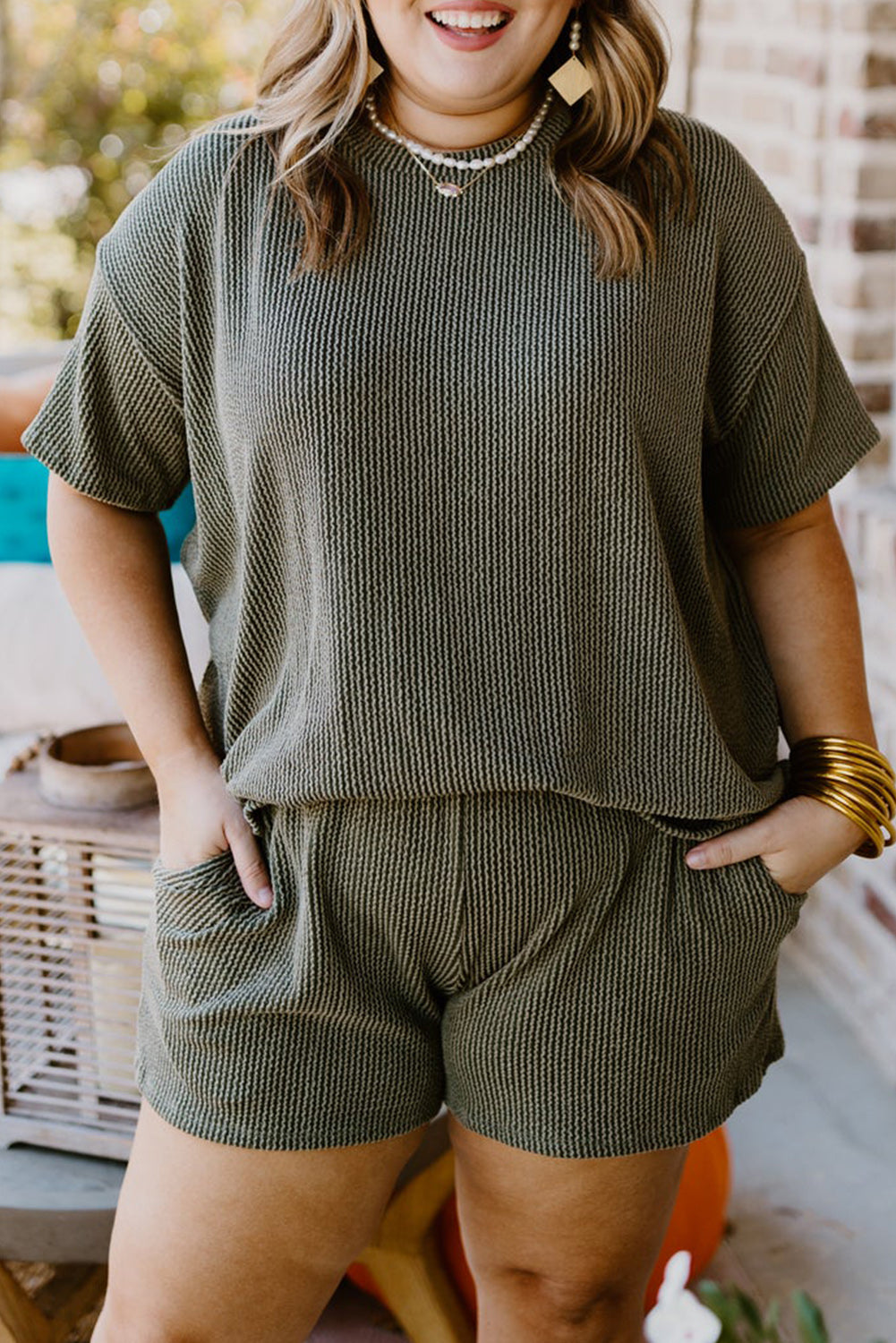 Moss Green Rib Knit Short Sleeve Top and Shorts Set