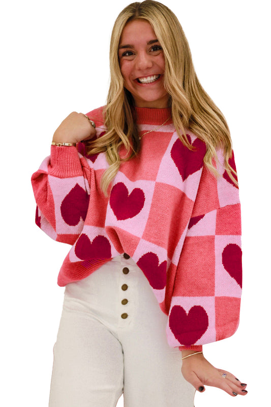 Pink Heart Colorblock Mock Neck Lantern Sleeve Sweater