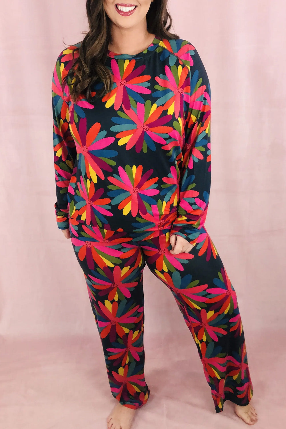 Black Printed Long Sleeve and Pants Lounge Set