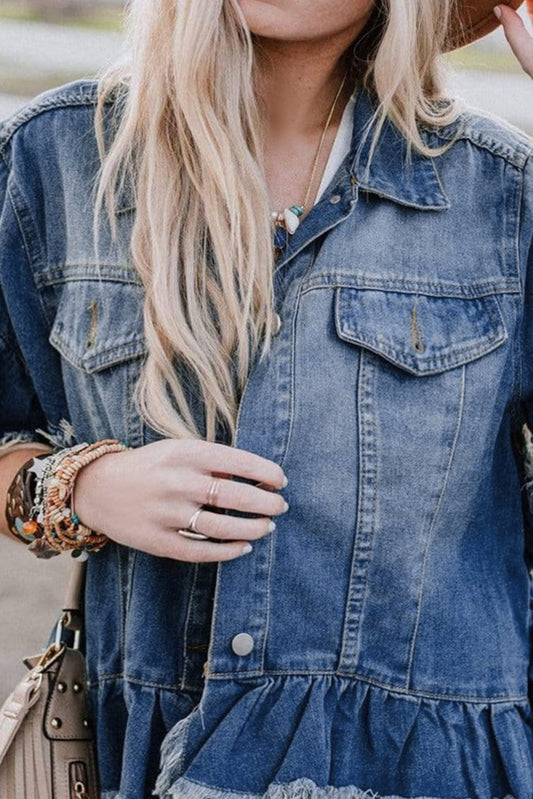 Peacock Blue Ruffle Frayed Hem Short Sleeve Denim Jacket