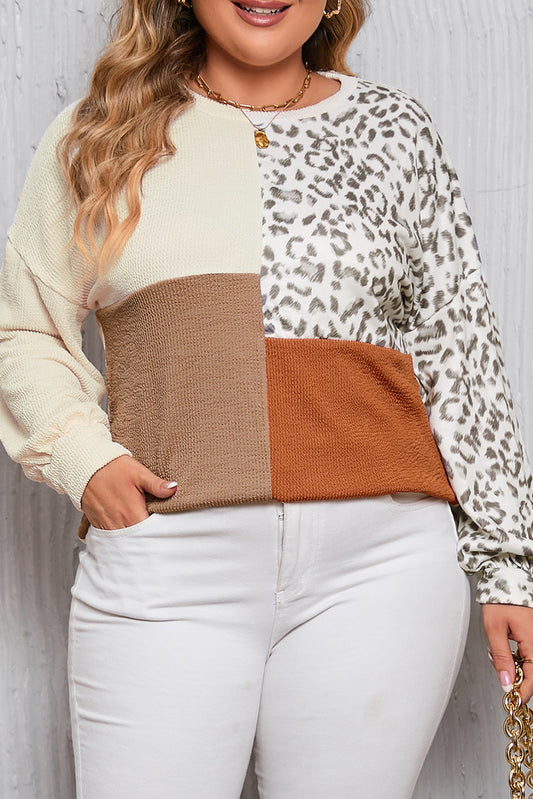 Khaki Ribbed Color Block Leopard Splicing Top