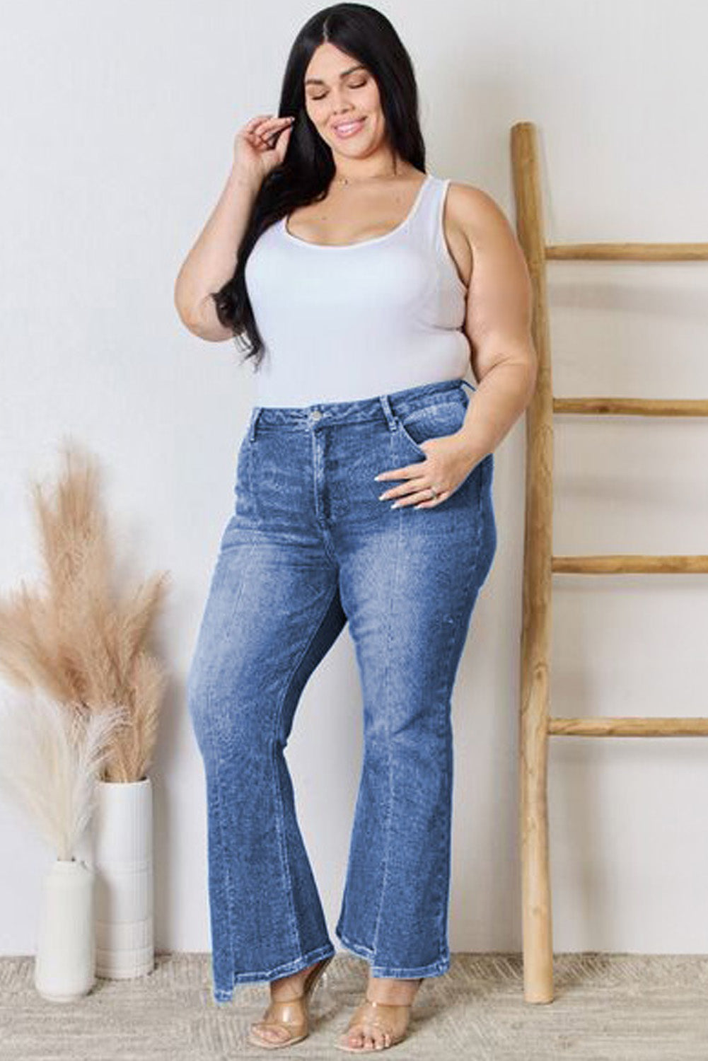 Blue Exposed Seam High Waist Flare Jeans