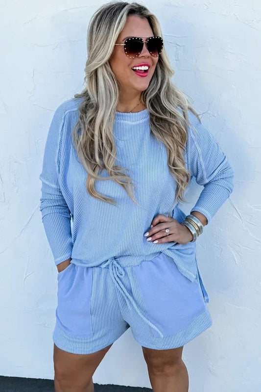 Light Blue Ribbed Long Sleeve Top and Drawstring Shorts Set