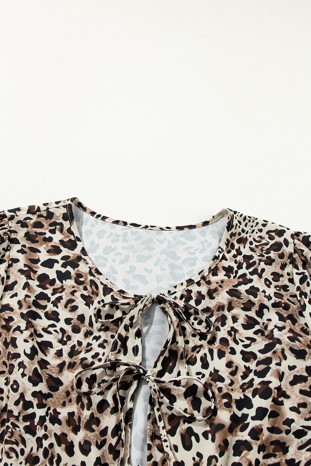 Khaki Leopard Print 3/4 Sleeve Lace-up Ruffle Blouse