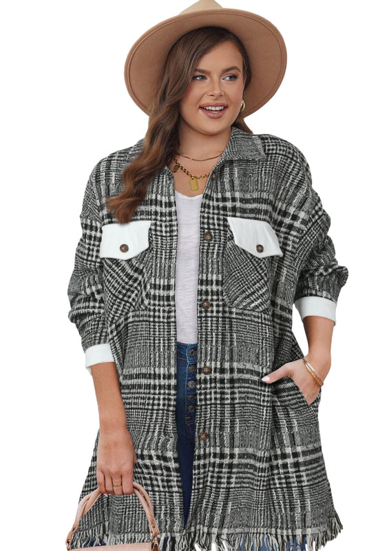 Black Plaid Fringe Hem Midi Coat