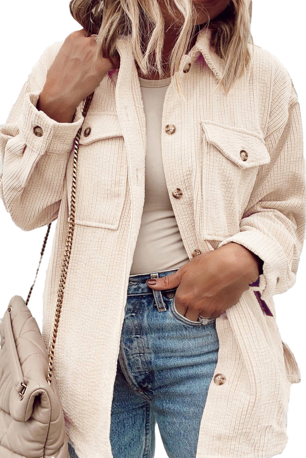 Oatmeal Textured Flap Pockets Buttoned Jacket