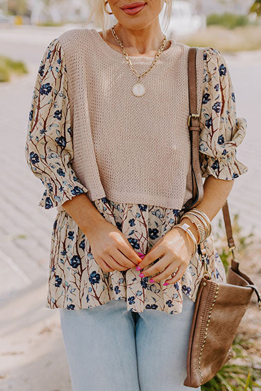 Beige Faux Two Piece Knit Patchwork Floral Top