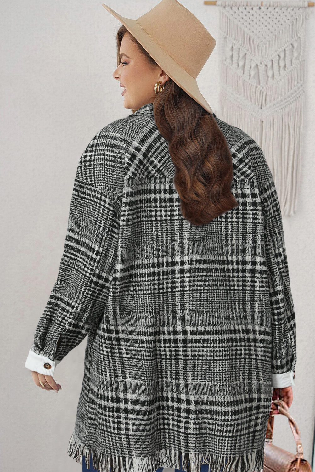 Black Plaid Fringe Hem Midi Coat