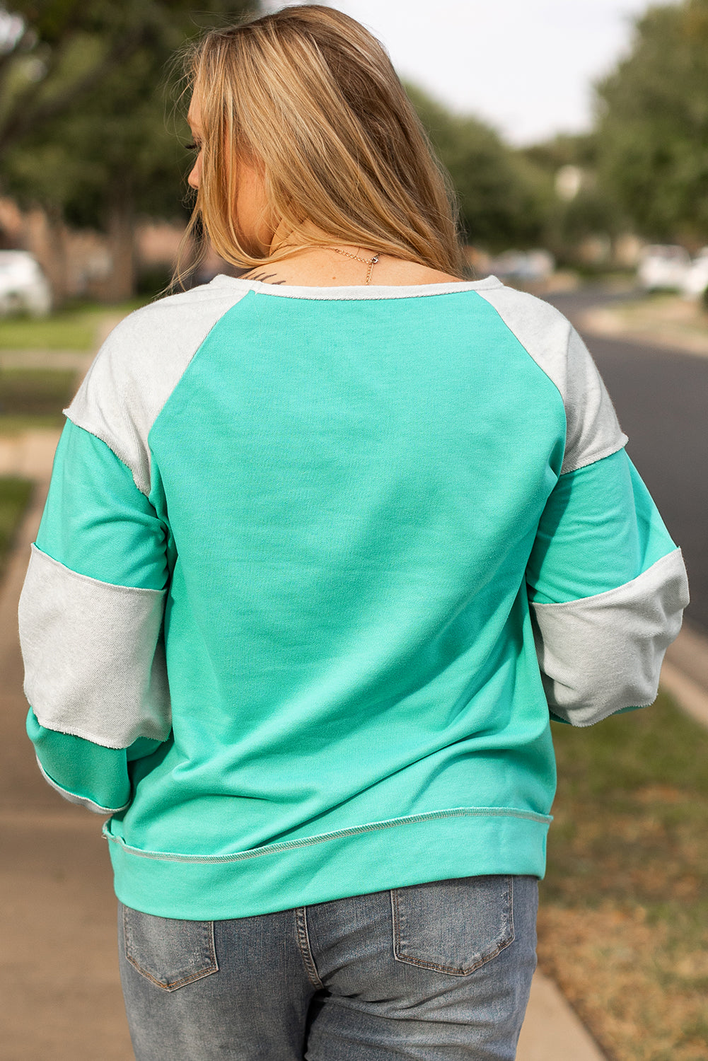 Aruba Blue Colorblock Patchwork Sweatshirt