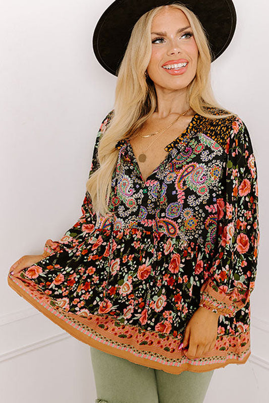 Paisley Print V-Neck Bubble Sleeve Blouse