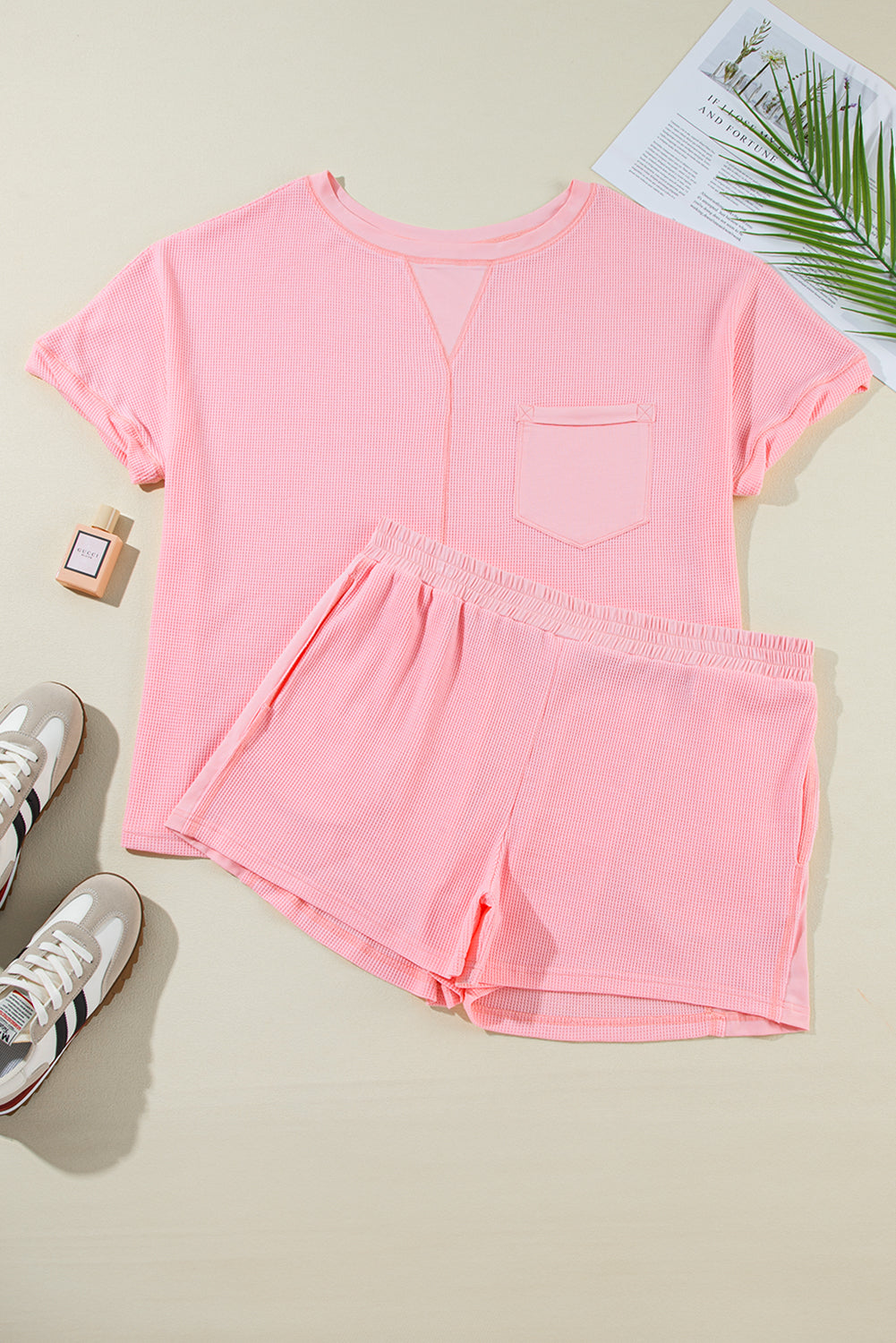 Pink Ribbed Exposed Seam Tee and Shorts Set