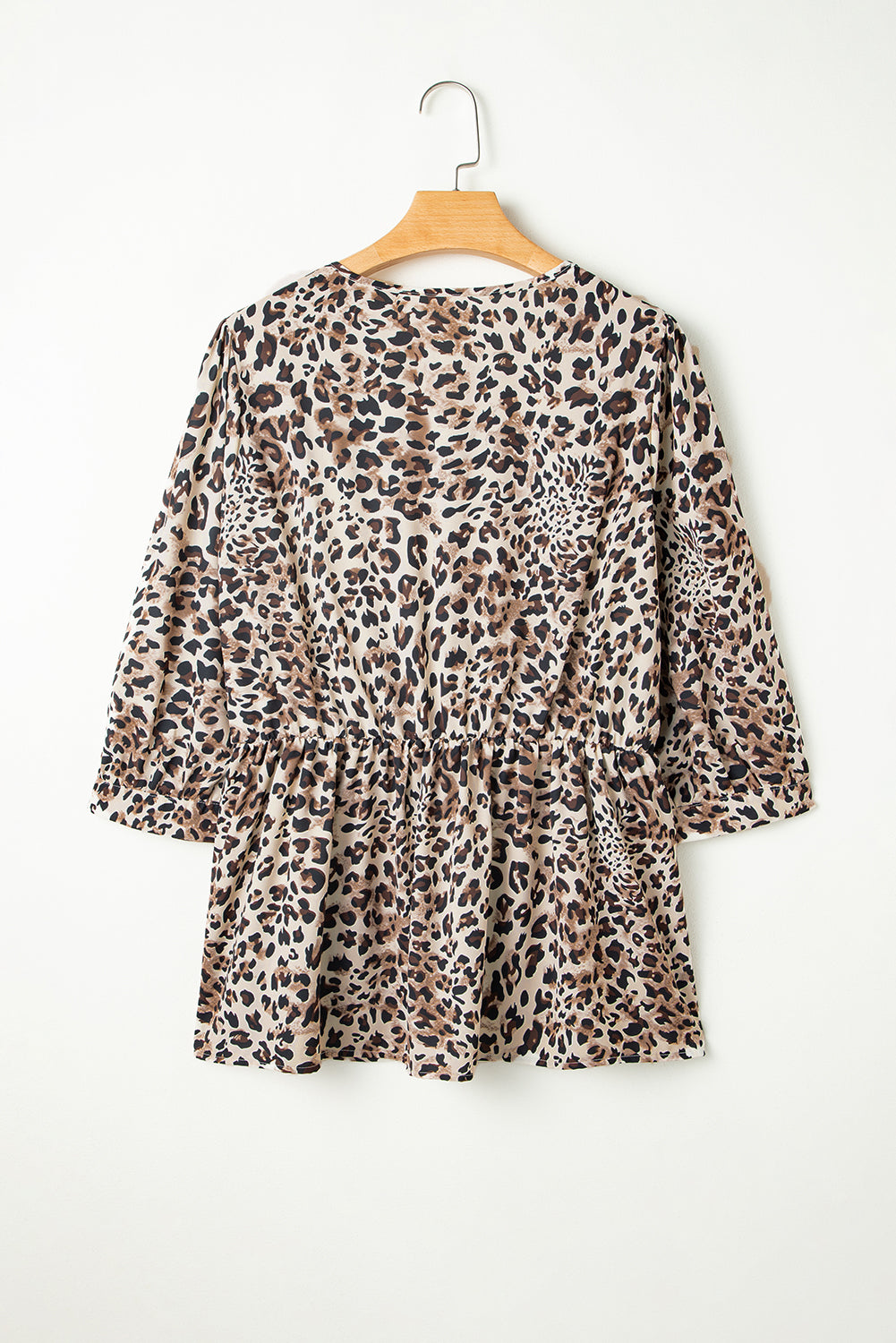 Khaki Leopard Print 3/4 Sleeve Lace-up Ruffle Blouse