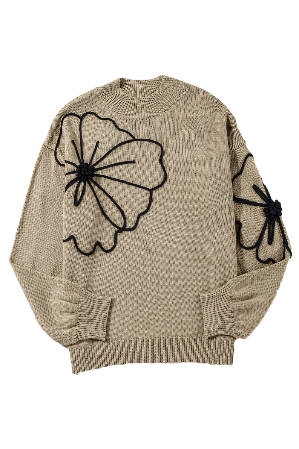 Dark Khaki Flower Pattern High Neck Drop Shoulder Sweater