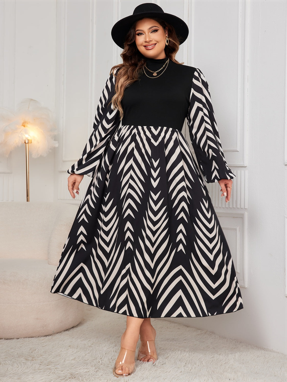 Honey Printed Mock Neck Long Sleeve Midi Dress