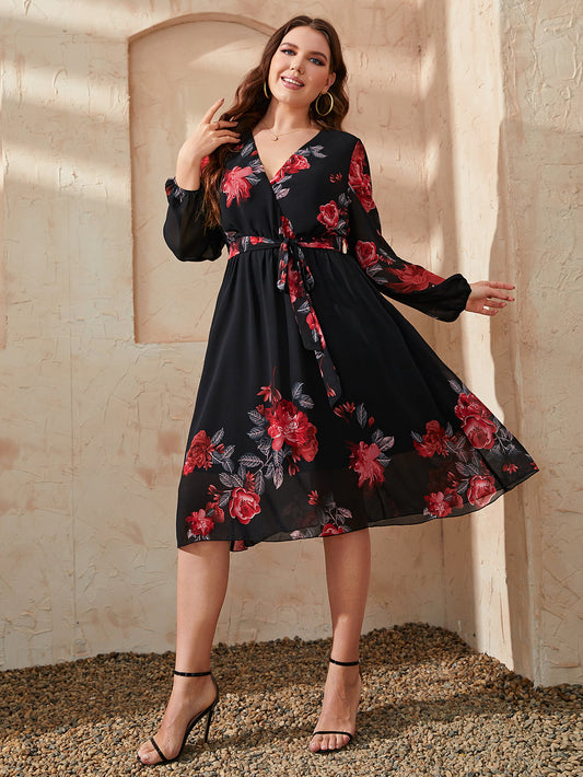 Honey Floral Surplice Neck Tie Waist Dress