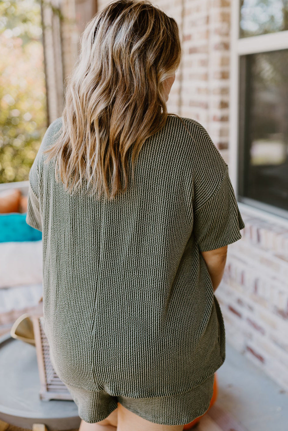 Moss Green Rib Knit Short Sleeve Top and Shorts Set