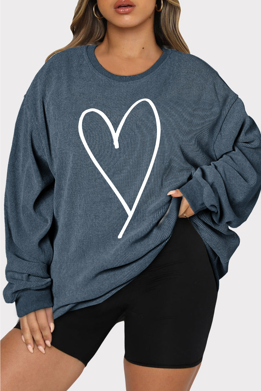 Heart Ribbed Round Neck Sweatshirt