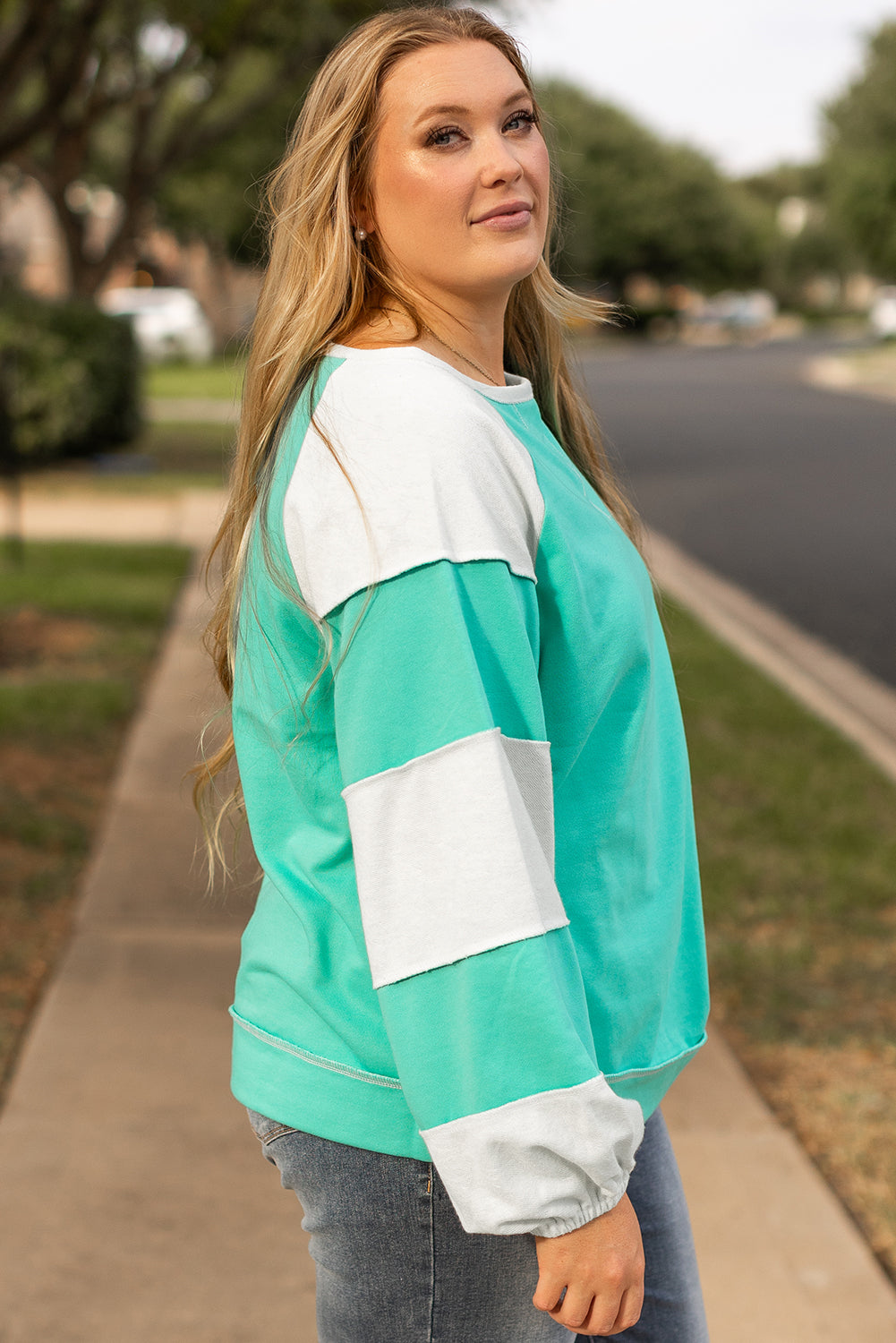 Aruba Blue Colorblock Patchwork Sweatshirt