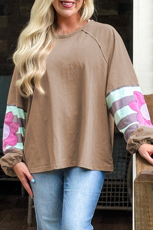 Light French Beige Flower Striped Patchwork Sleeve Sweatshirt