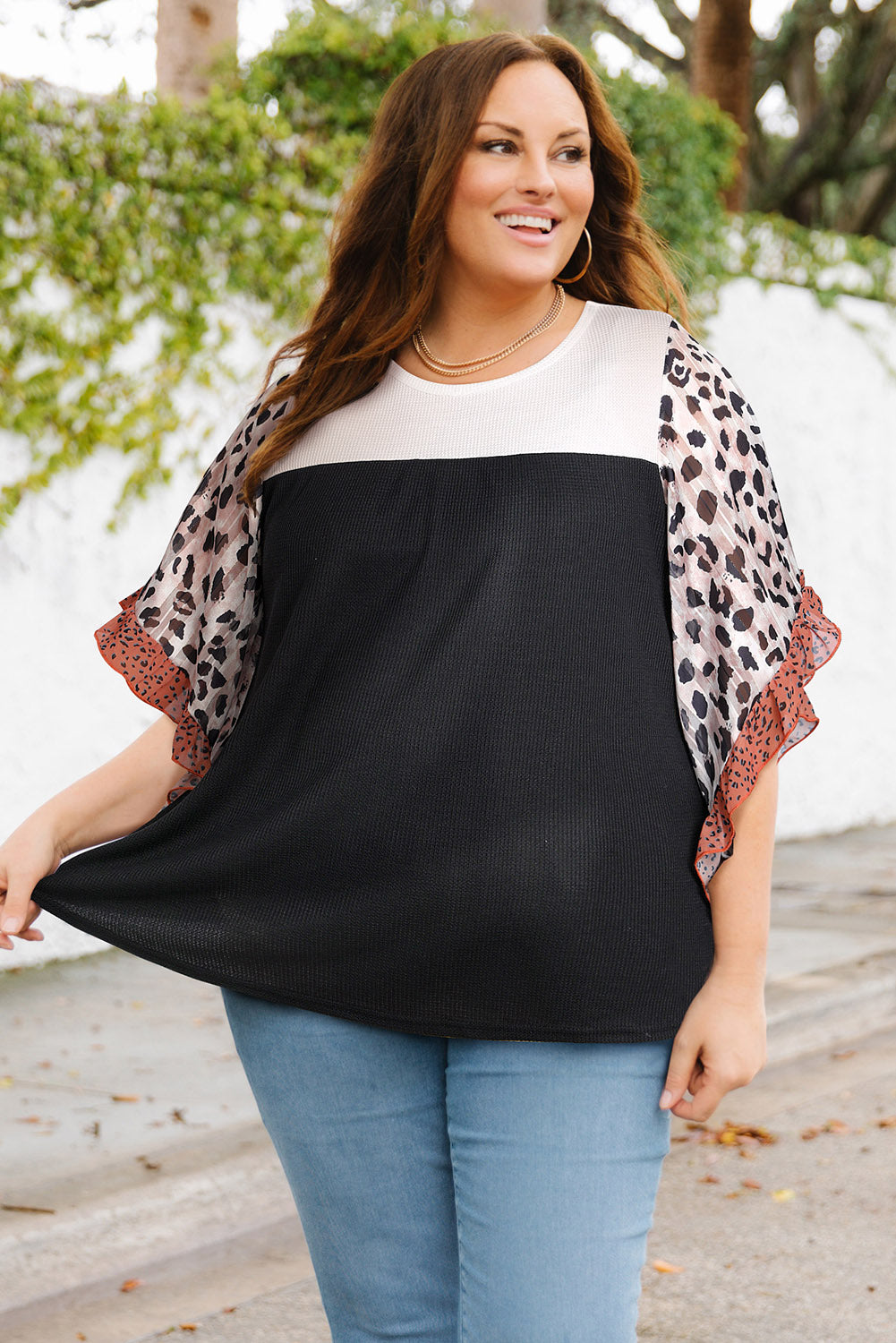 Black Rib Knit Animal Print Ruffle Sleeve Top