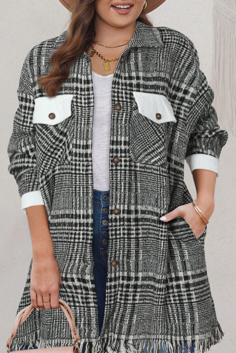 Black Plaid Fringe Hem Midi Coat