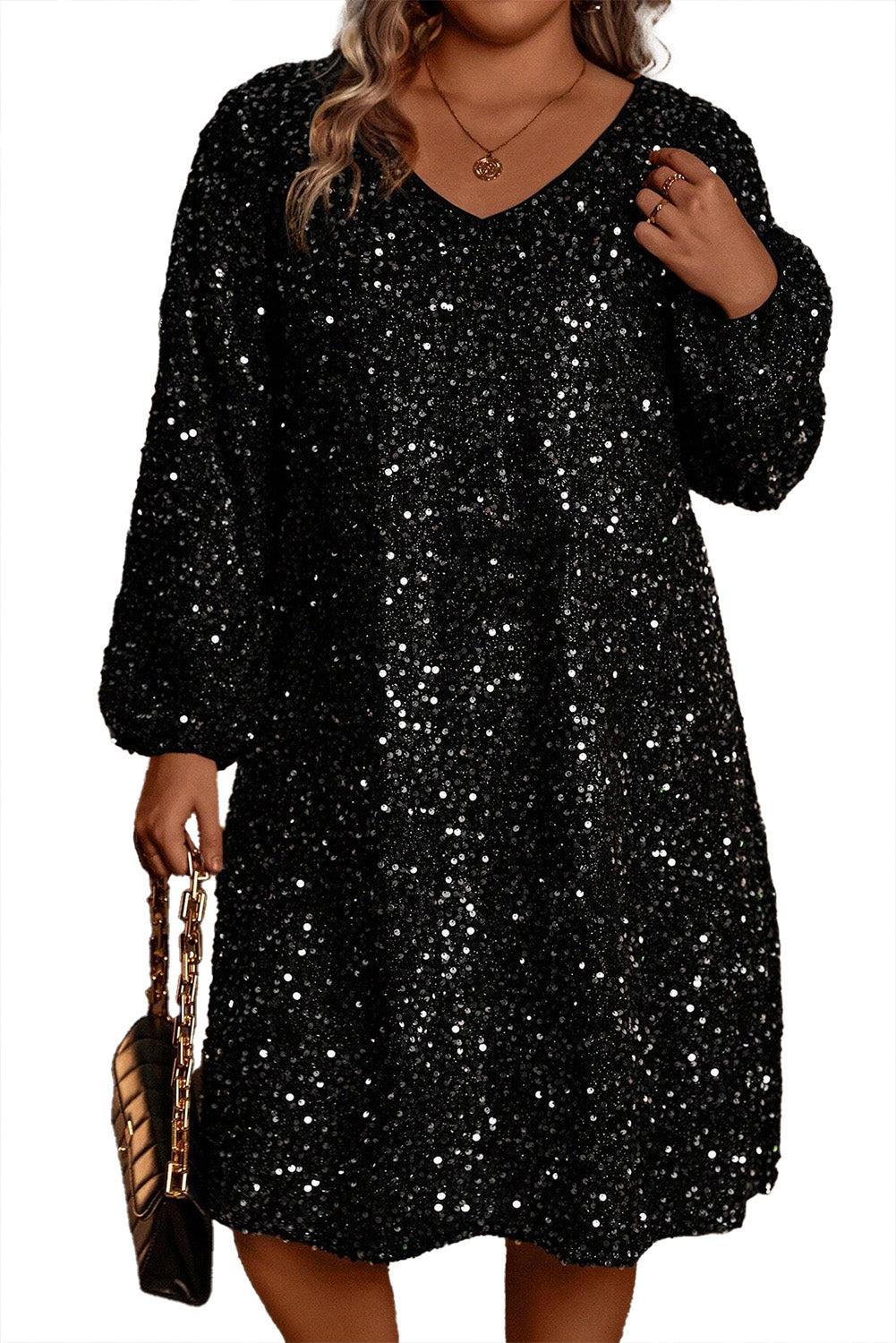 Sequin Bubble Sleeve V-Neck Dress