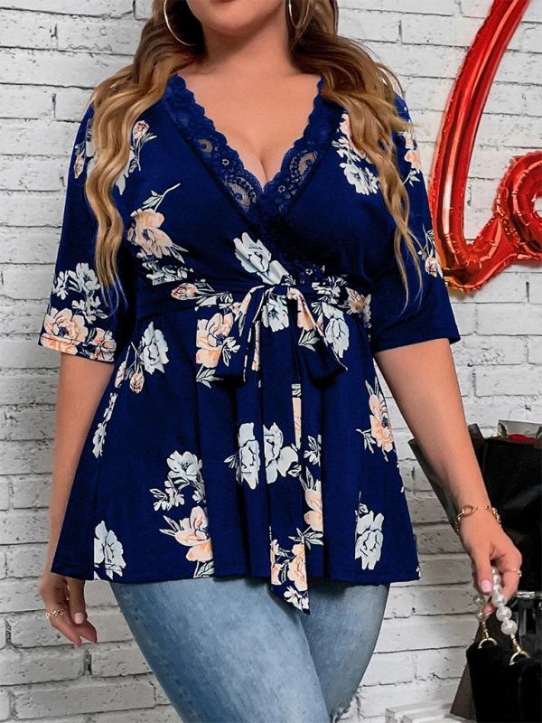 Printed V-Neck Lace Shirt